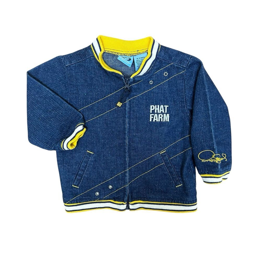 Phat Farm Boys Denim Jacket Size 6-9m‎ Blue Yellow Zip Logo Pockets